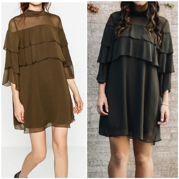 ZARA Green Tiered Ruffle Flowy Shift Dress S - Picture 9 of 9
